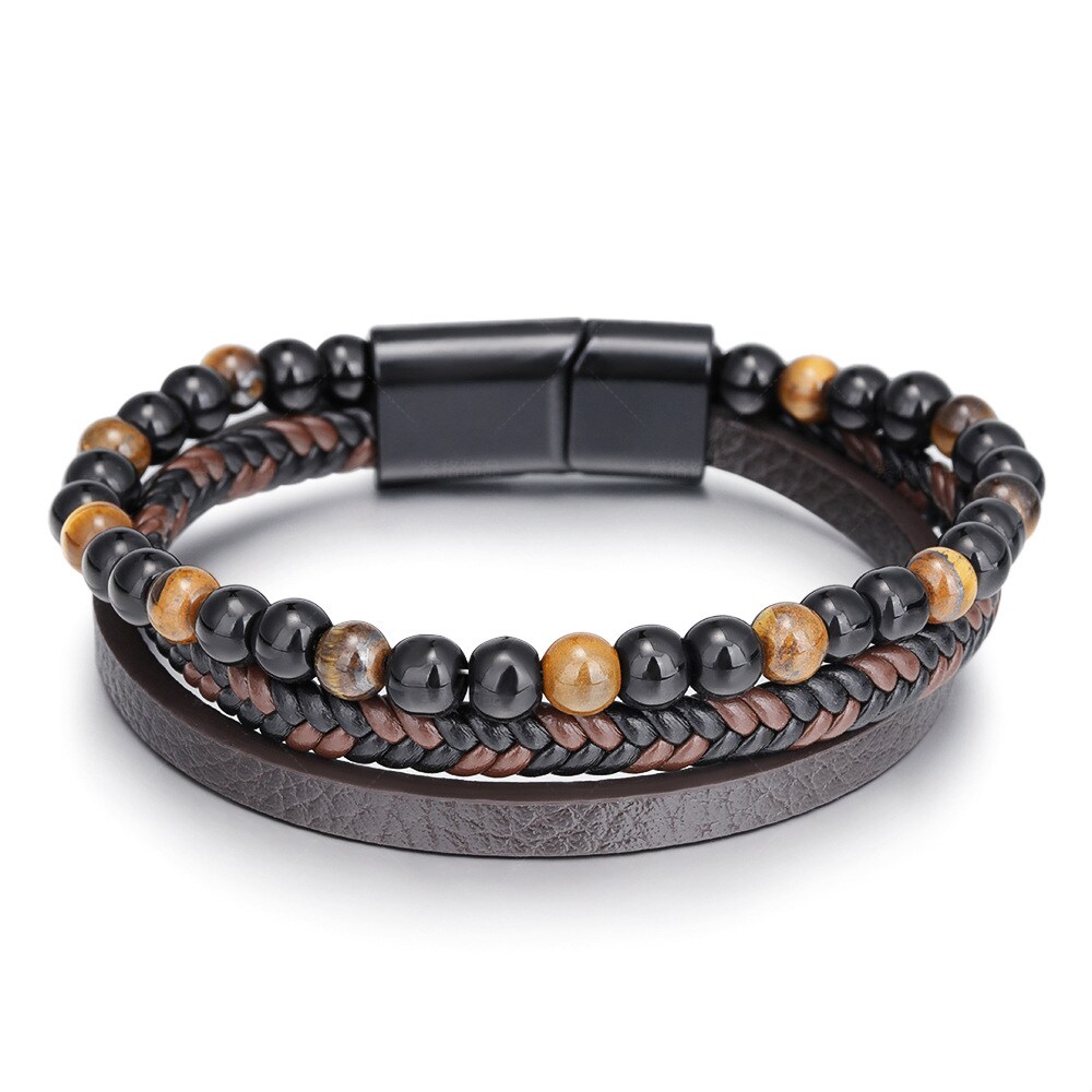 1 Piece Daily Style Bead Shape Leather Inlay Natural Stone Men's Bracelet h5 